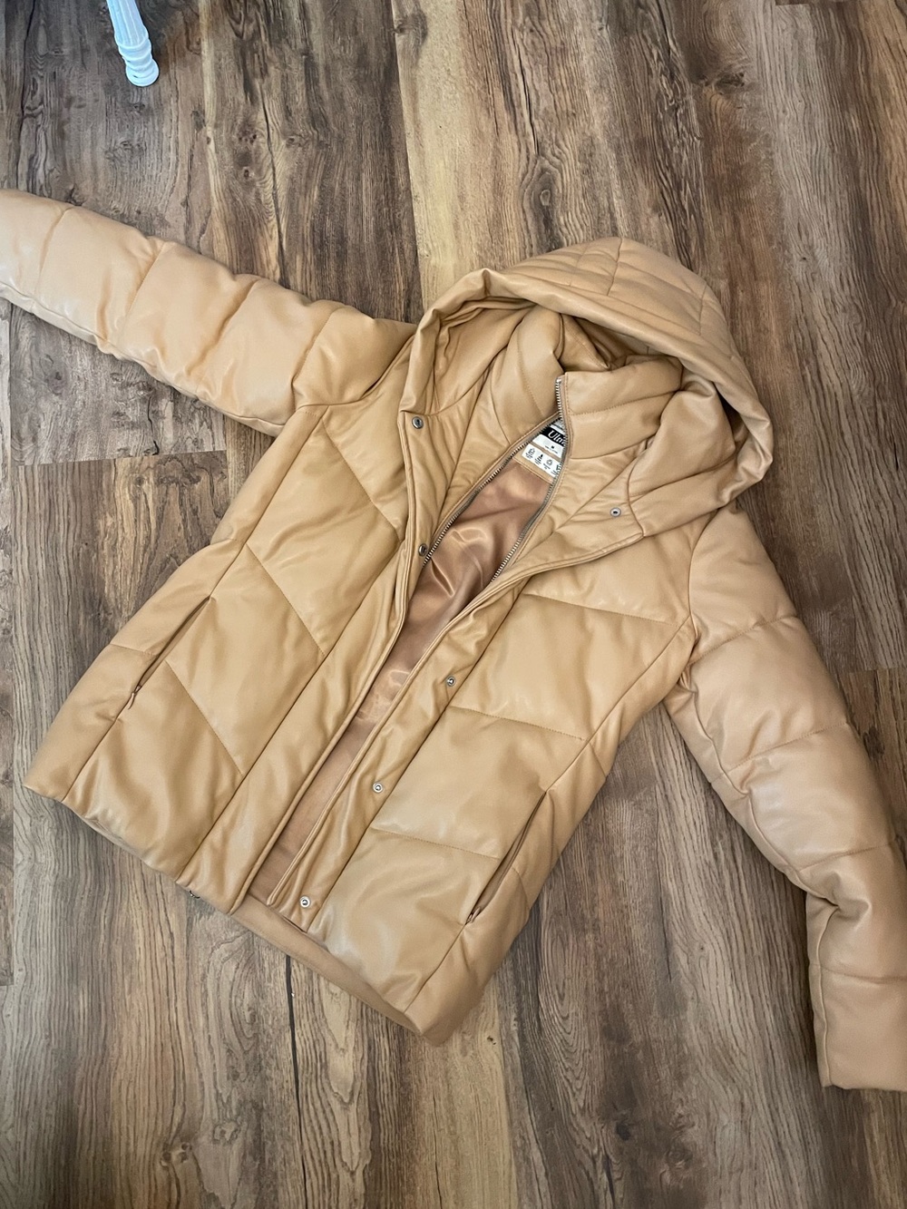Women’s Tan vegan leather Puffer Jacket with Hood